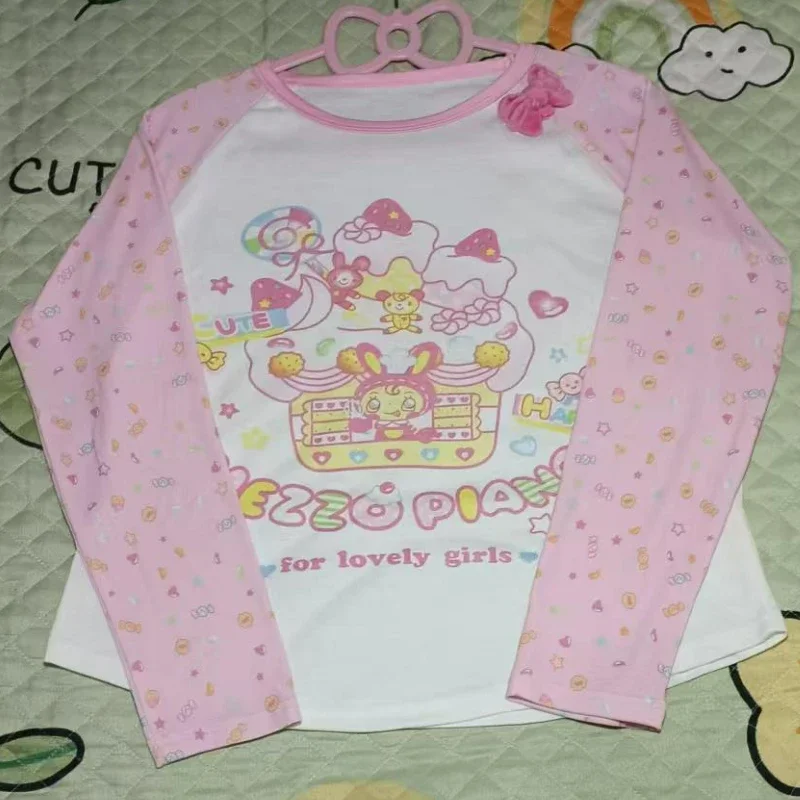 Pink Japanese Y2k Aesthetic Lolita T-shirts Women Clothing Sweet Cartoon Print O Collar Bow Tees Casual Kawaii Grunge Fairy Tops 3