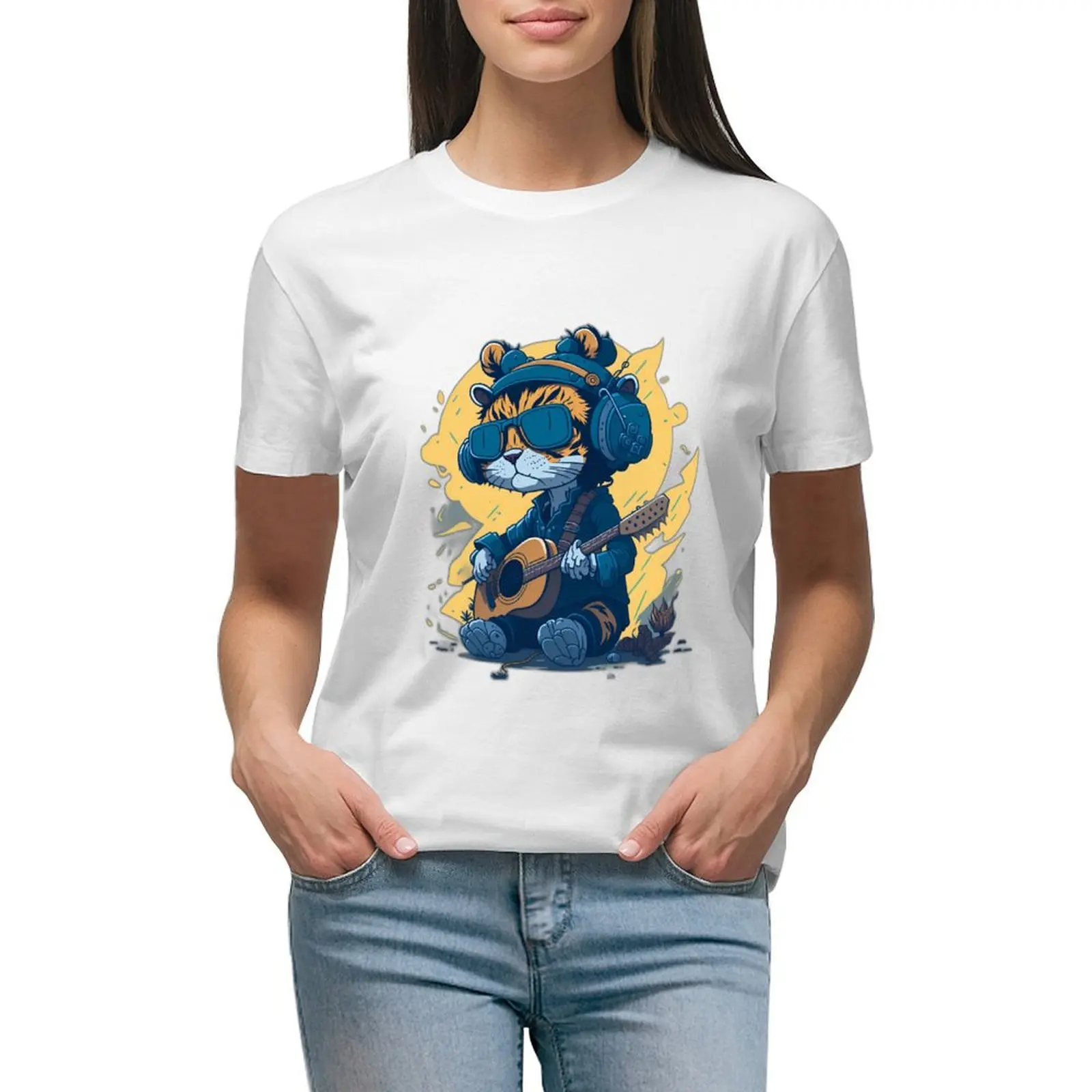 

Cat Playing a Guitar - Cartoon T-shirt hippie clothes Blouse animal print shirt for girls woman t shirt