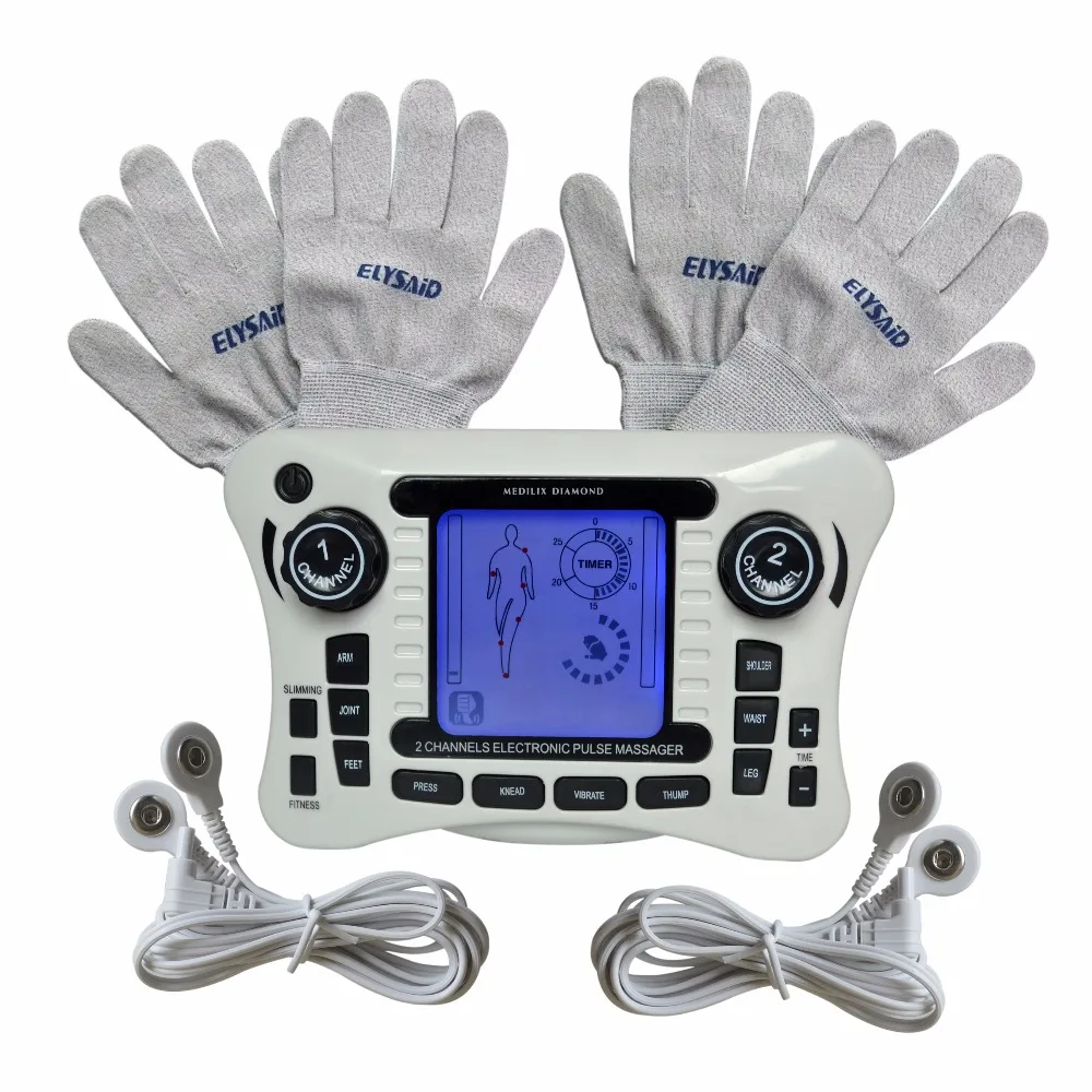 

308B Dual Channel Electrical Nerve Stimulator Health Care Digital Pulse Body Massager With 2Paris Conductive Silver Fiber Glove