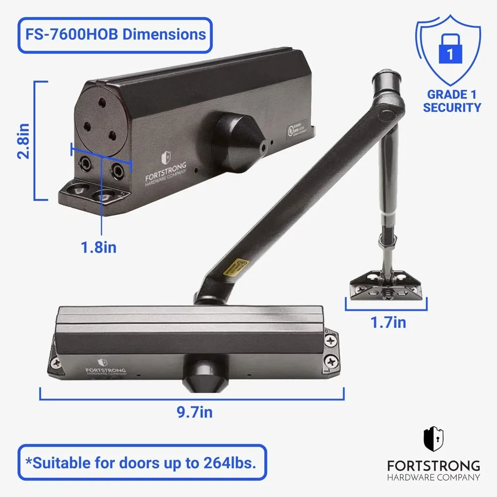 FORTSTRONG FS-7600 Grade 1 Commercial Door Closer with Adjustable Hold-Open Feature