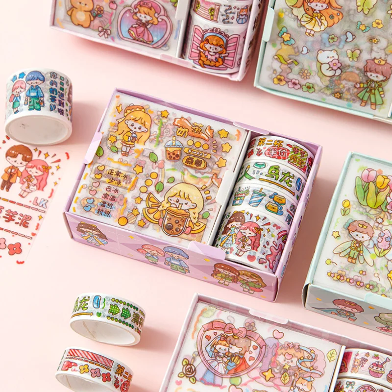 8 PCS Kawaii Washi 테이프 및 스티커 세트 일본 종이 마스킹 테이프 저널 장식 학교 용품 편지지