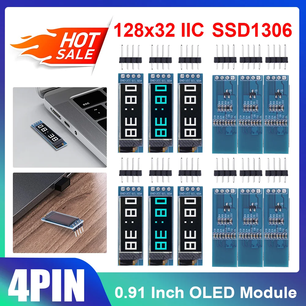 0.91 인치 OLED 모듈 4 핀 128x32 SSD1306 OLED 디스플레이, DIY 모듈, 저에너지 소비 IIC 통신, 아두이노용 3.3V, 5V