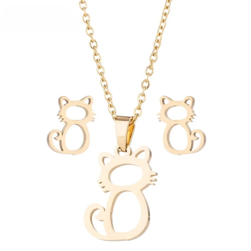 Jewelry Sets Lovely Gold Color Kitten Cat Stainless Steel Jewelry Set Necklaces Men Collares Fashion Hollow Cat Earring Necklace Paw Jewelry
