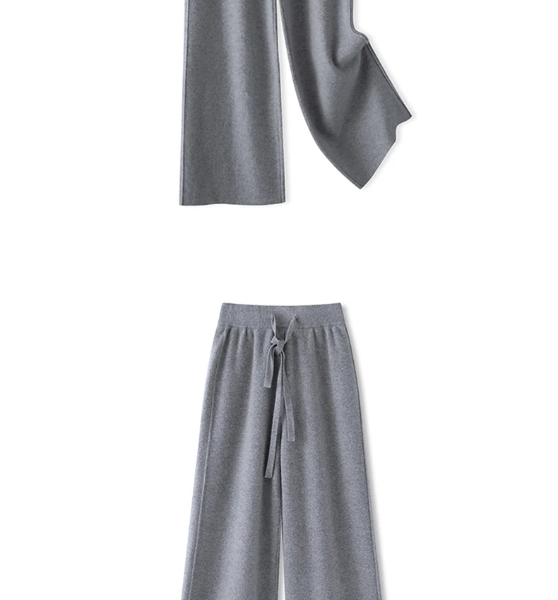 بنطلون نسائي جديد من الصوف الميرينو 100٪ بتصميم مستقيم الساق للربيع والخريف، سميك وعملي بخصر مرتفع وفضفاض، بنطلون محبوك واسع الساق