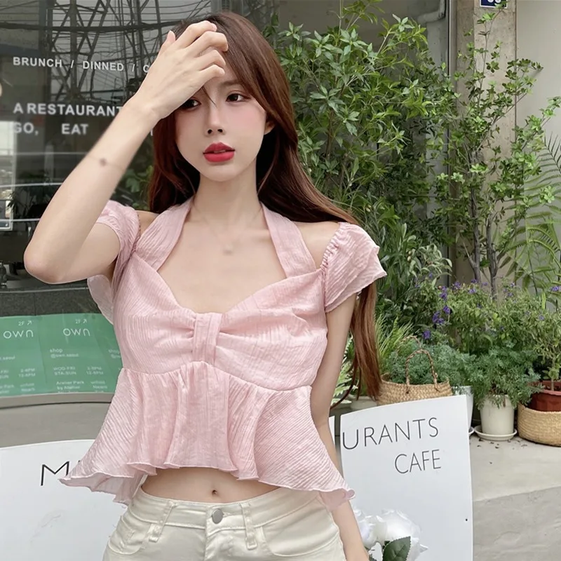 

Korean Style Halter Women's Blouse Shirts Bandage Short Sleeves Irregular Tops