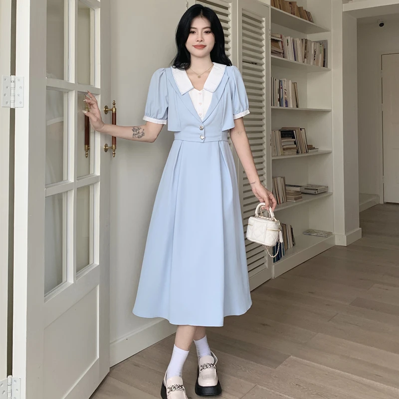 

Платье женское длинное ТРАПЕЦИЕВИДНОЕ с коротким рукавом и воротником-куклой