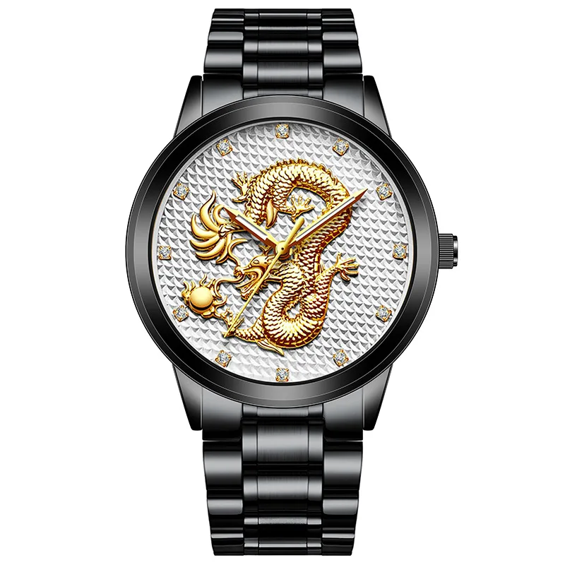 

2021 Men's Watch Chinese Wind Dragon Watch Embossed Golden Dragon Play Bead-encrusted Diamond Casual Business Quartz Watch Man