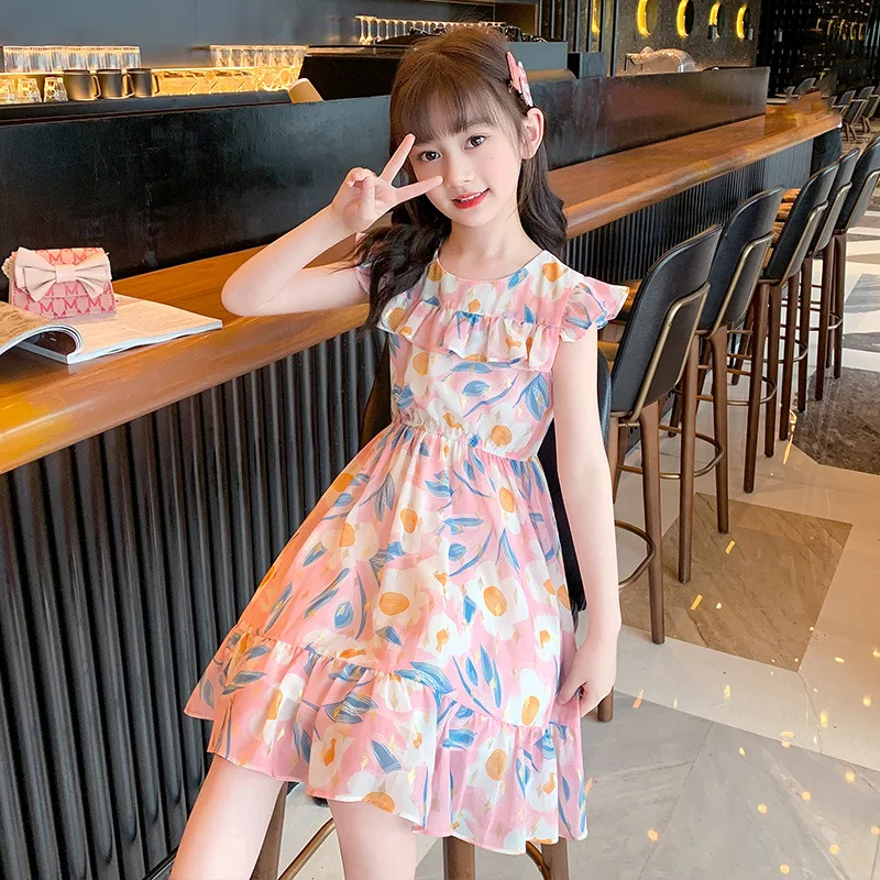 

2022 Summer New Sweet and Cute Princess Dress Floral Thin Chiffon Skirt For 3-14 Year Old Girls Clothes