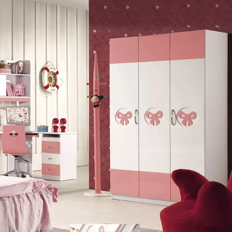 Customizable Modern Pink Princess Children'S Bed and Wardrobe Study Desk Home Wood Kids Bedroom Furniture Set for Girl