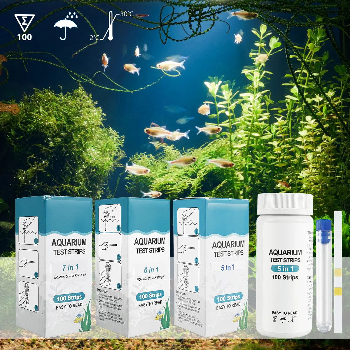 100Pcs Aquarium Test Strips 7in1 Water Quality Test Strip Fish Tank Kit Freshwater Saltwater Aquarium Water pH Strips