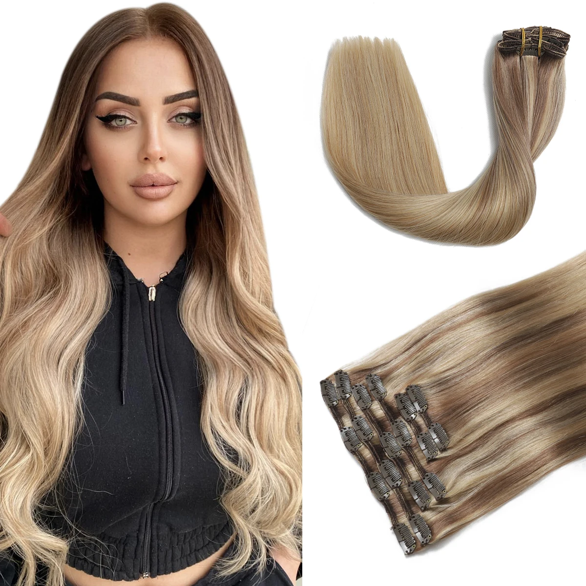 xdhair-clip-in-hair-extensions-human-hair100g-6pcs-16inch-balayage-red-golden-brown-to-light-blonde-clip-in-hair-extensions