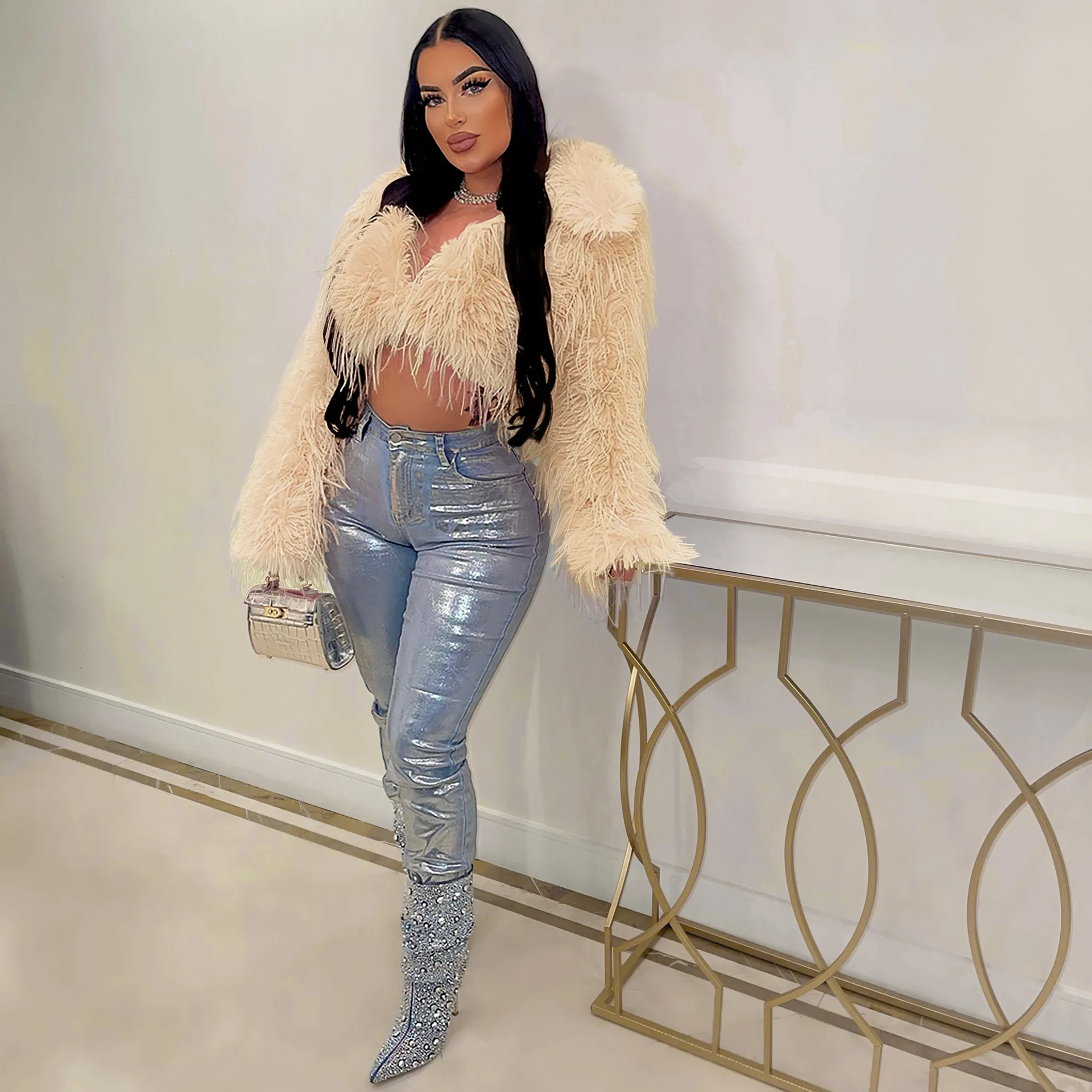 Women Winter Spring Faux Fur Turn-down Collar Long Sleeve Cropped Coat 2024 New INS Fashion Street Solid Outerwear Jackets