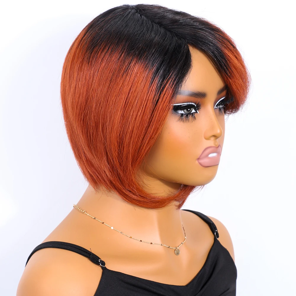 Lekker Ombre 생강 오렌지 짧은 픽시 컷 스트레이트 밥 100% 인간의 머리 가발 여성용 브라질 레미 헤어 전체 기계 제작 가발