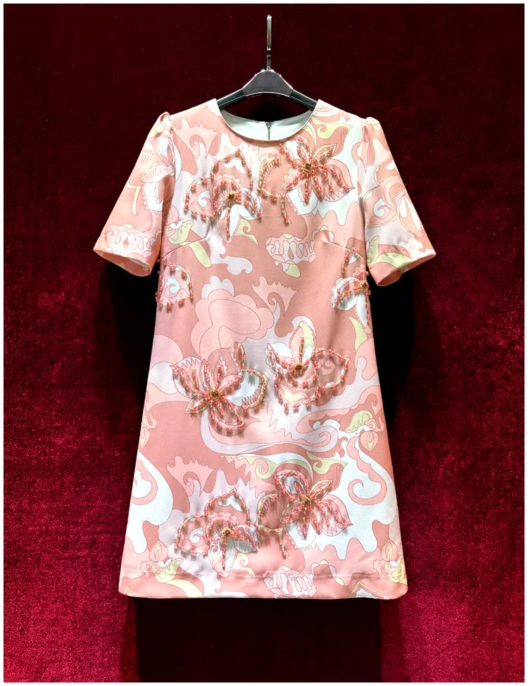 

Europe and the United States women's 2024 summer new Round neck Short sleeve beaded pink print fashion Dress XXL