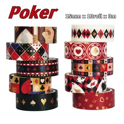10pcs Poker Card Washi Tapes Set Red Heart Diamond 15mm Adhesive Paper Masking Tapes Diary Decoration Stickers F7318