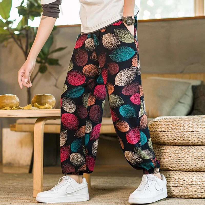 

Plus Size 5XL Men Cotton Linen Wide Leg Pants Spring Autumn National Style Colorful Leaf Print Elastic Waist Baggy Trousers Man