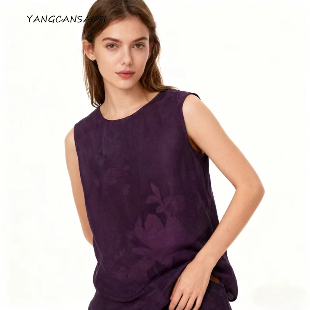 Summer Fashion Women's Clothing Purple 100% Natural Mulberry Silk Fragrant Cloud Yarn Round Neck Sleeveless Versatile Vest