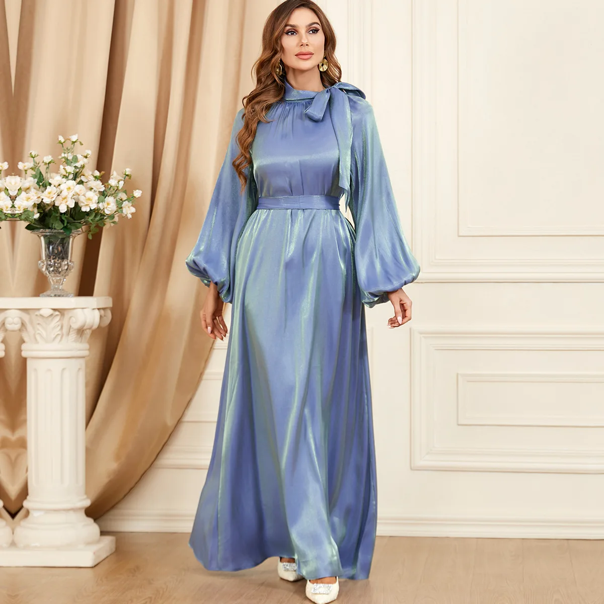 

Wepbel Arabic Muslim Dress Women Fashion Islamic Clothing Abaya Robe Kaftan Lace-up Solid Color Long Sleeve Maxi Party Dress