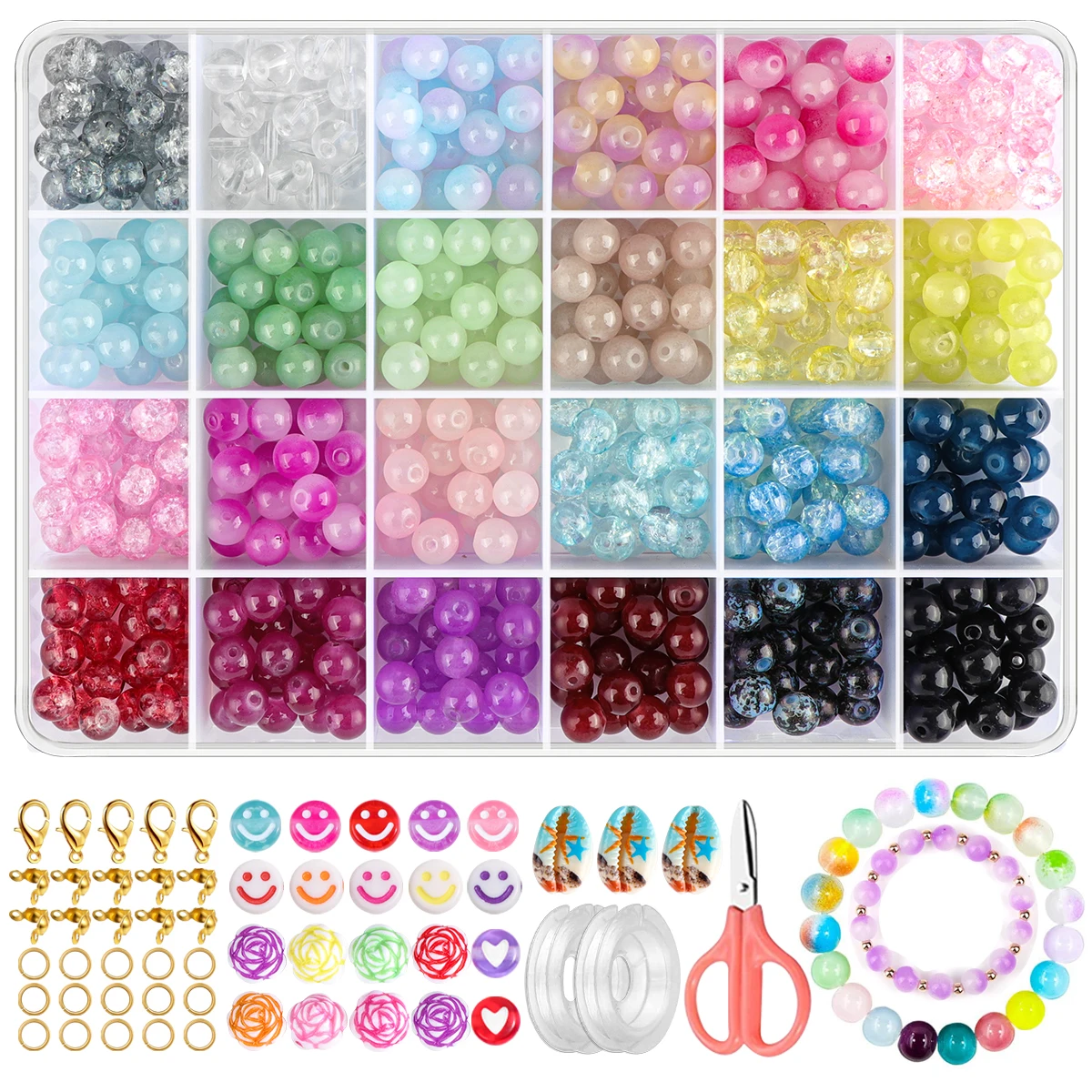 600pcs of jewelry made of glass round beads, 24 color crystal stone beads, Bohemian style bracelets and DIY craft bead sets