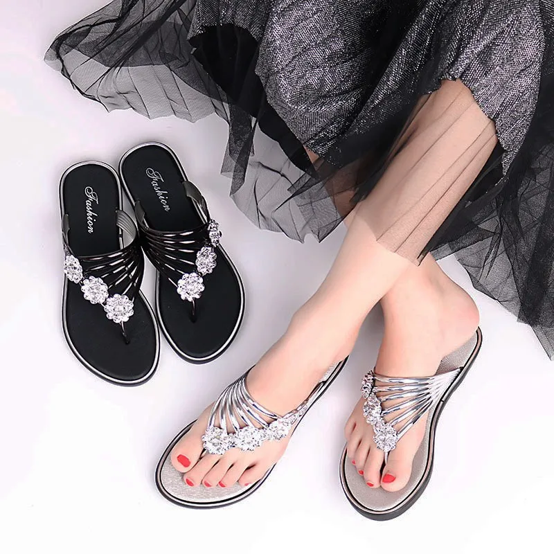 

Women's Solid Color Glitter Thong Sandals, Rhinestone Floral Decor Lightweight Slip On Flats, Summer Vacation Beach Slides