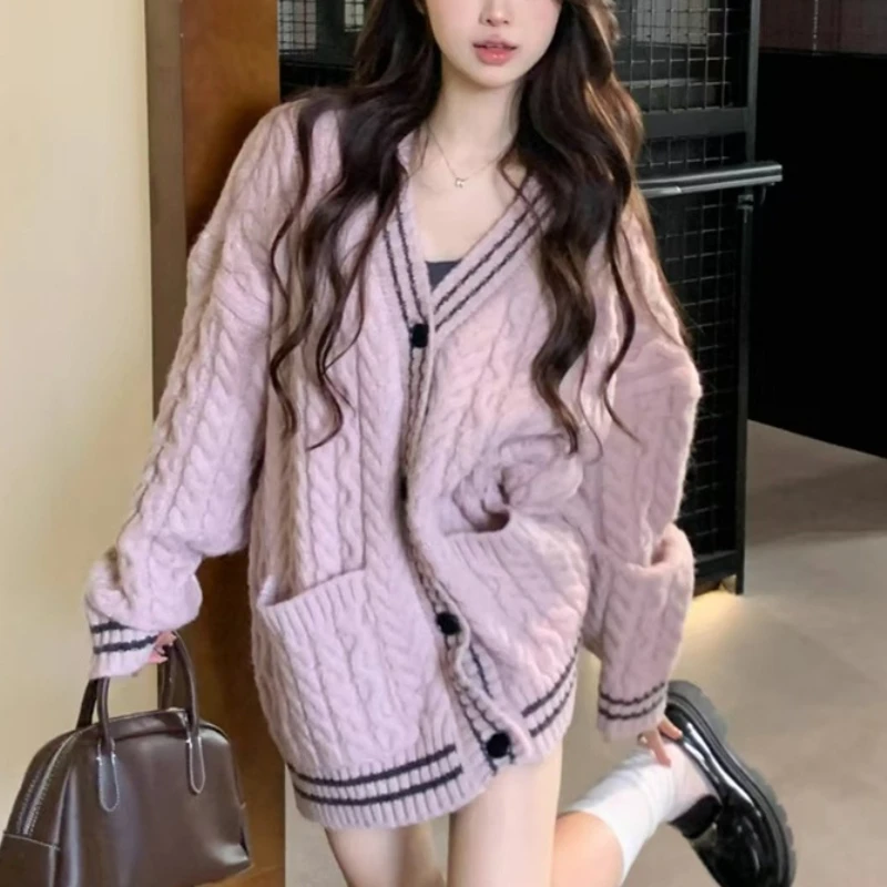 New Autumn Women's Cardigan Long-sleeved Sweater Fashion Elegant Winter V-neck Single-breasted Knitwear with Pocket Jacket