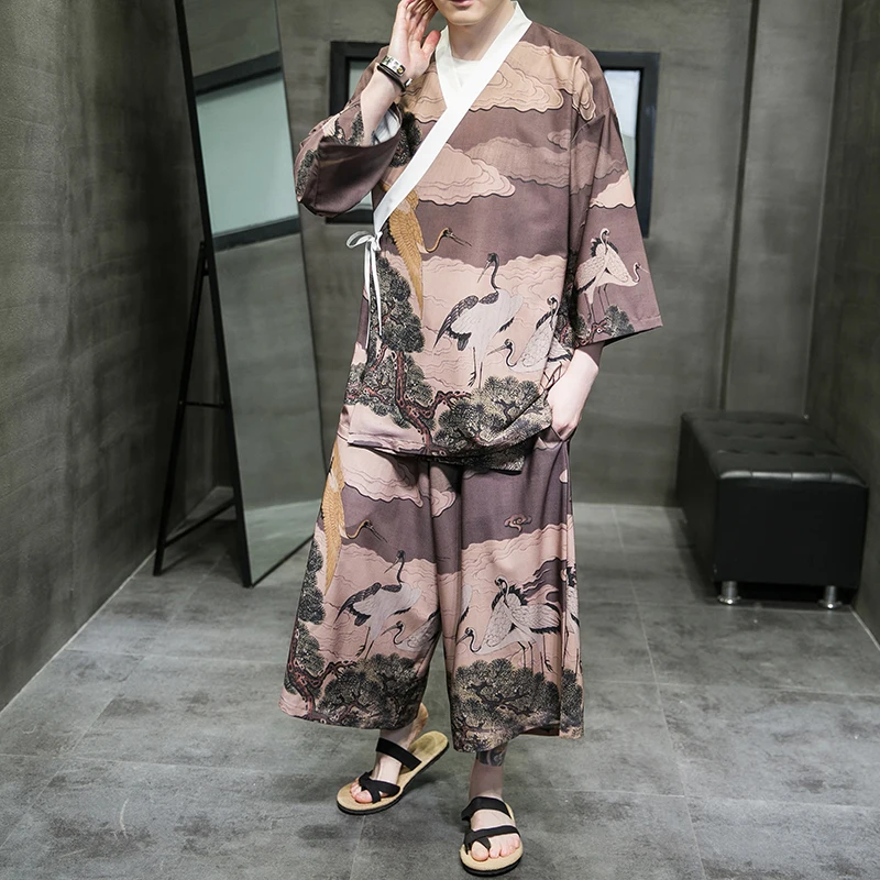 

2024 Men Kimono Shirts with Pants Casual Open Stitch Japanese Streetwear Outwear Man Fashion Japanese Style Yukata Tops Set Male