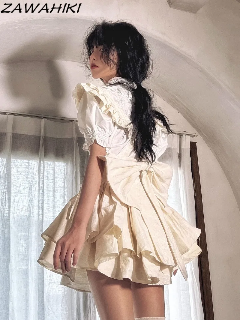 

ZAWAHIKI Summer New Sweet Bow High Waist Short Skirt Women Solid Color Slim Waist A-line Tierred Y2K Aesthetic Casual Faldas