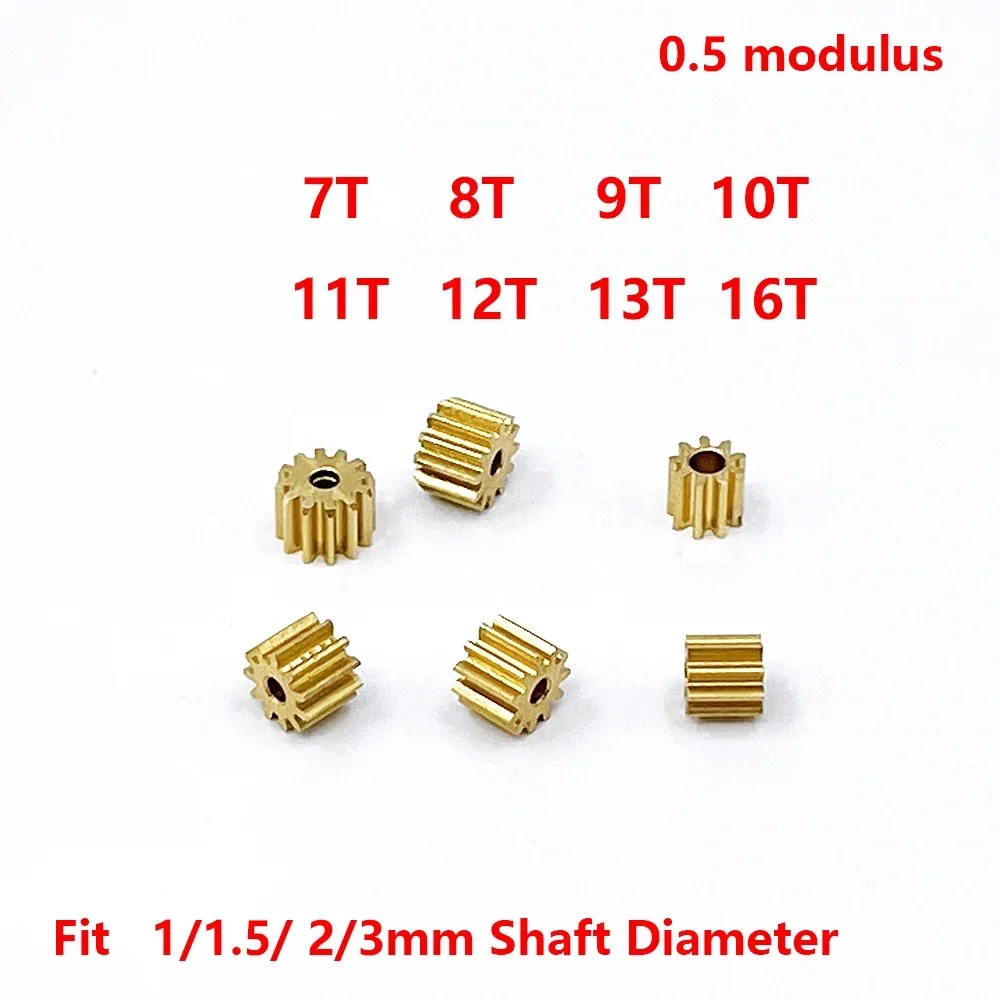 Engranaje de cobre de Metal para eje de 1mm, 0,5mm, 2mm, 1,5 dientes, 2,3 Modulus 7T, 8T, 9T, 10T, 11T, 12T, 13T, 16T, 5 unidades por lote