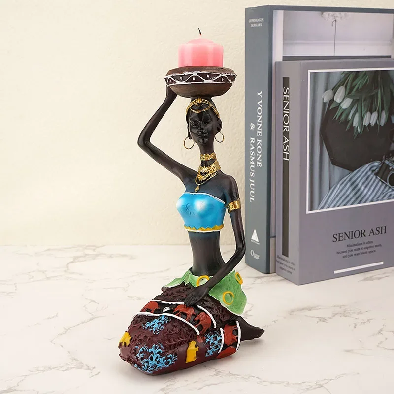 

21cm African Women Resin Figurines Arts and Crafts Tribal Lady Statue Exotic Doll Candle Holder Gift Home Decoration Sculptures