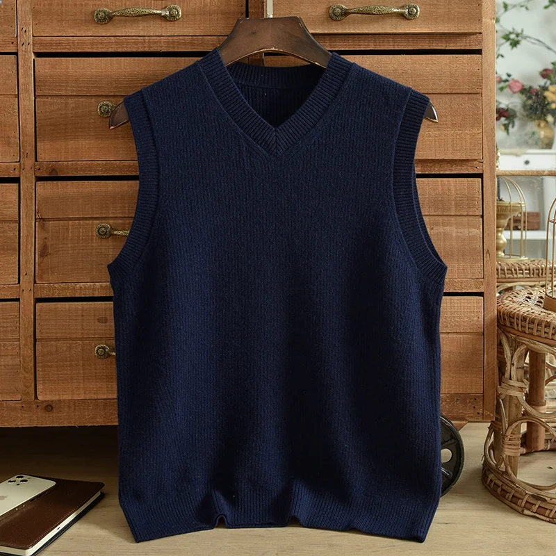 Autumn Pure Cashmere Sweater Men's Solid Color V-Neck Pullover Tank Top Casual Middle Age Knitted Sleeveless Sweater Large