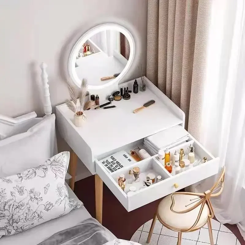 Set Scrivania Trucco Con Specchio Luci LED E Sgabello - Tavolo Toeletta Compatto Con Cassetti, Bianco