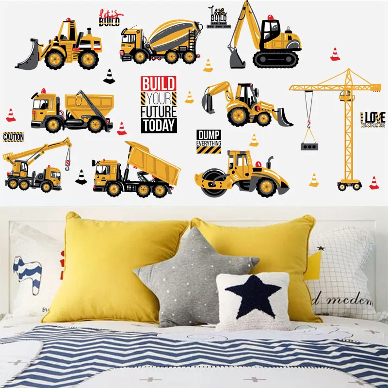 

Cartoon Truck Forklift Excavator Crane Wall Stickers Kids Room Decoration Transport Car Mural Art Diy Home Decals Boys Posters