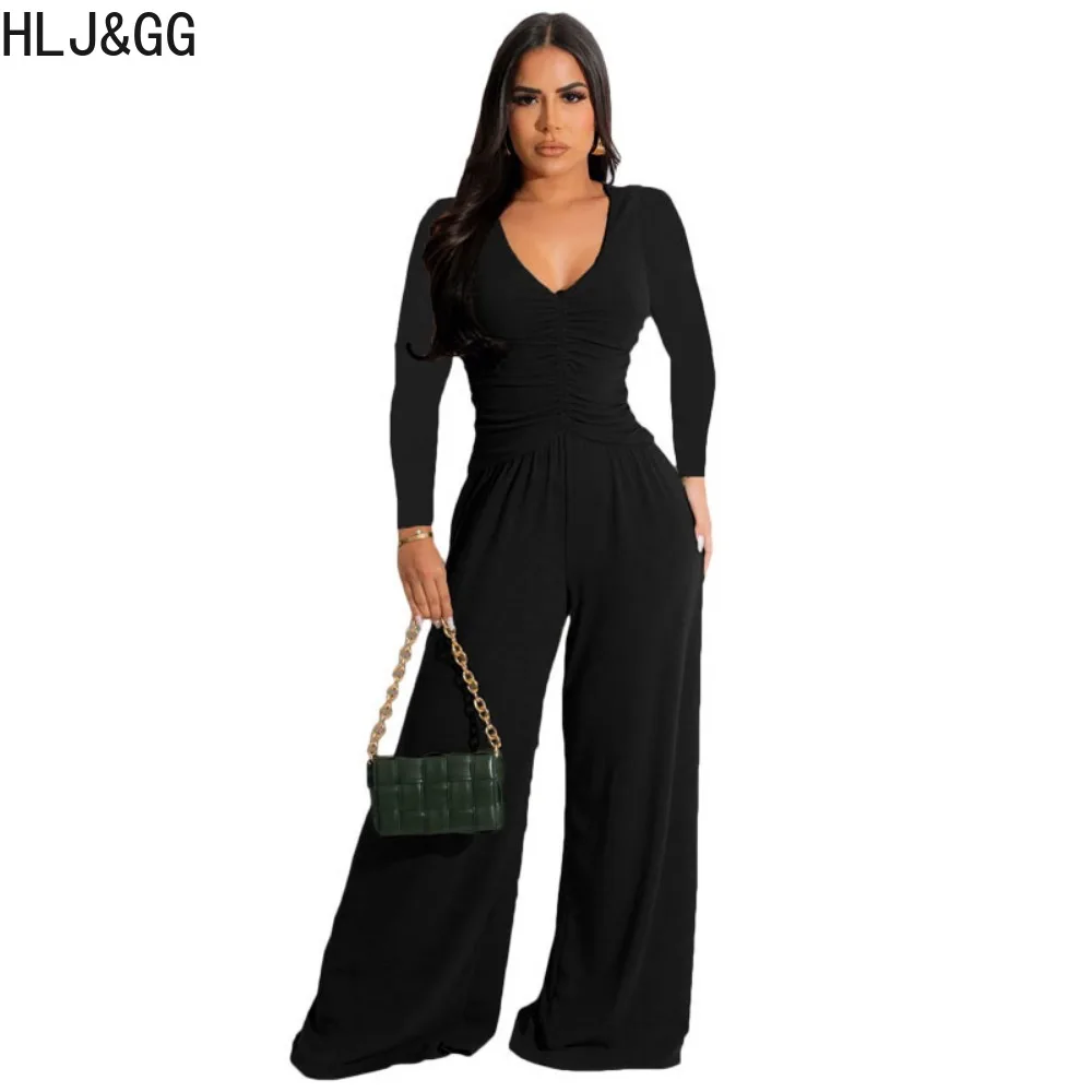 HLJ&GG Sexy V Neck Backless Ruched Jumpsuits Women Solid Color Long Sleeve Slim Playsuits Elegant Lady One Piece Overalls 2023