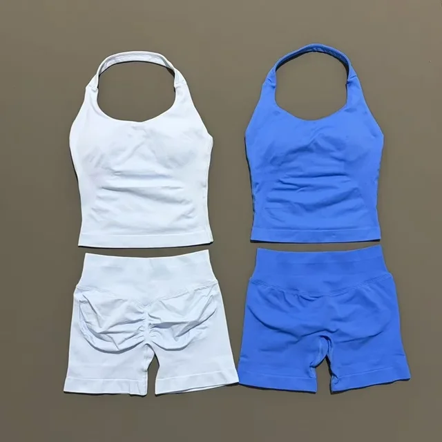 2 Pcs HISTELLO Halter Top Strappy Bra Shorts Set Women Yoga Workout Clothes Seamless Vest Hip-Lifting Sports Leggings Gym Suit