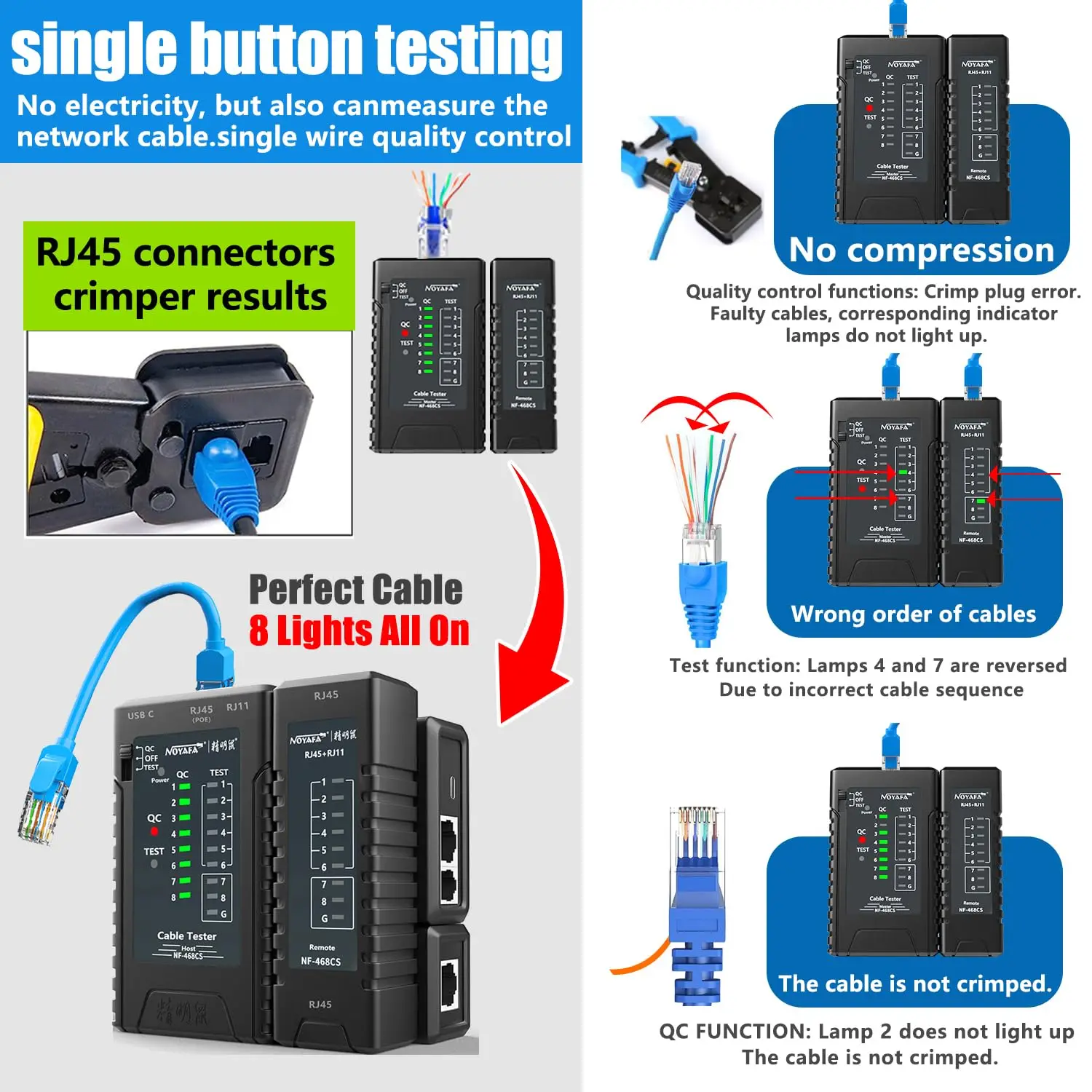 ZHOUCE NF-468CS Network Cable Tester Continuity Test RJ45 RJ11 RJ12 CAT5 CAT6 POE Multifunctional Automatic Checking Tool