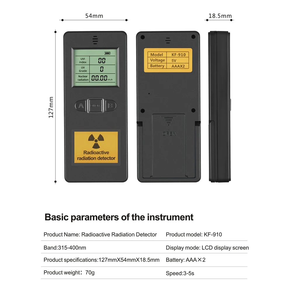 KF910 Portable Nuclear Radiation Detector UVI Index Tester Ultraviolet Detection Multi-function Radioactive Radiation Dosimeter