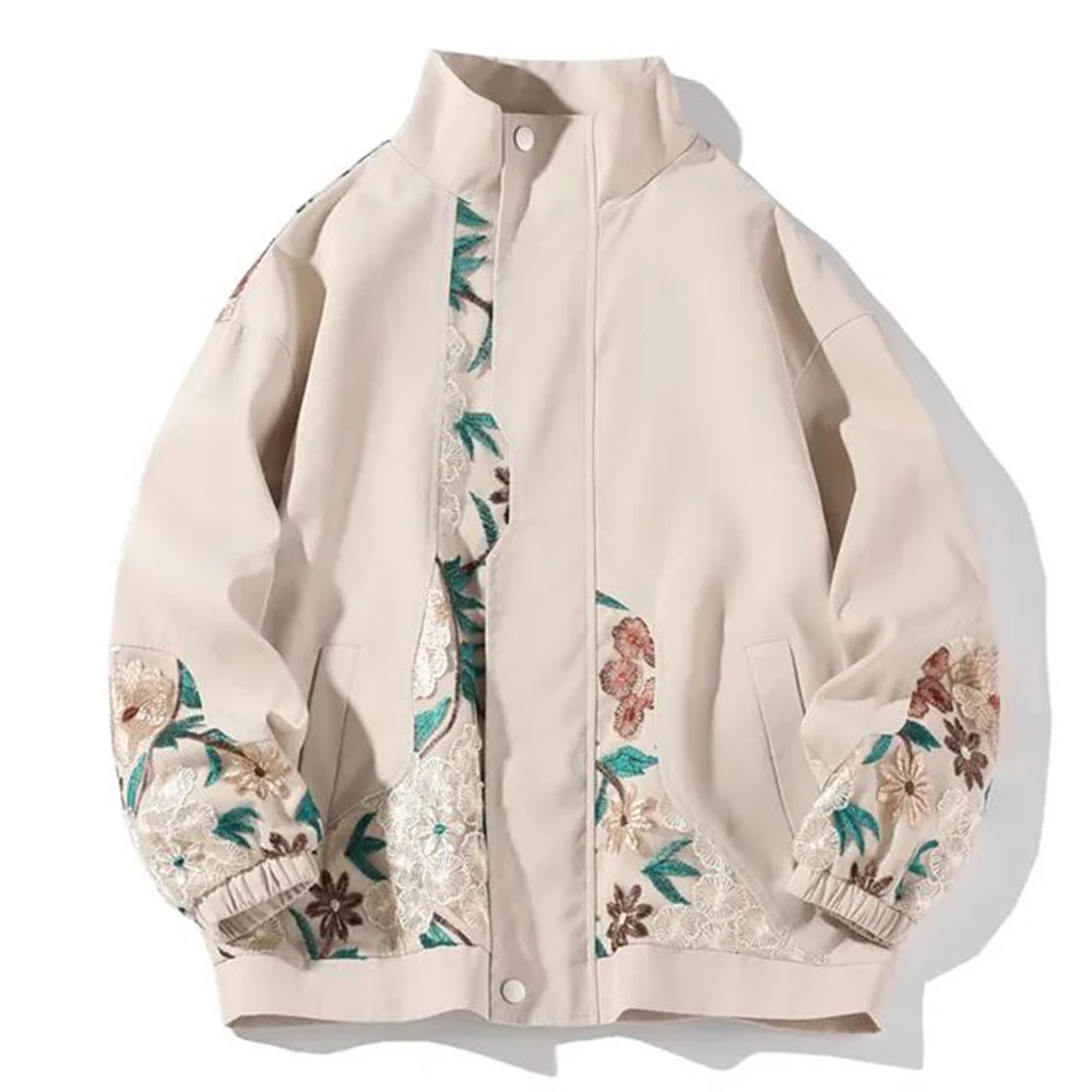 Chinese Style Embroidered Stitching Stand Collar Couple Jacket Autumn Youth Trend Loose Casual Floral Embroidered Jacket Unisex