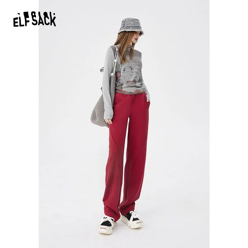 

ELFSACK Loose Fleece Casual Sport Pants Women 2024 Spring Waist Casual Daily Trousers