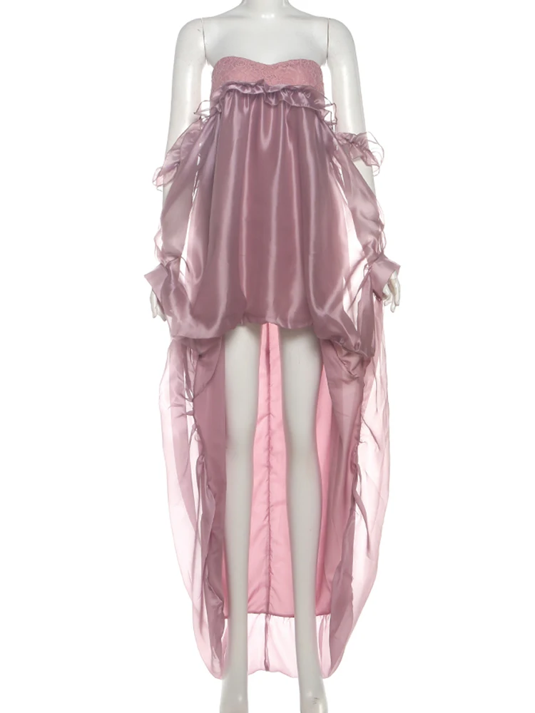 Nibber Irregular Large Hem Women Edible Tree Fungus One Shoulder Patchwork Lace See Through Sweet French Style Chic Vestidos