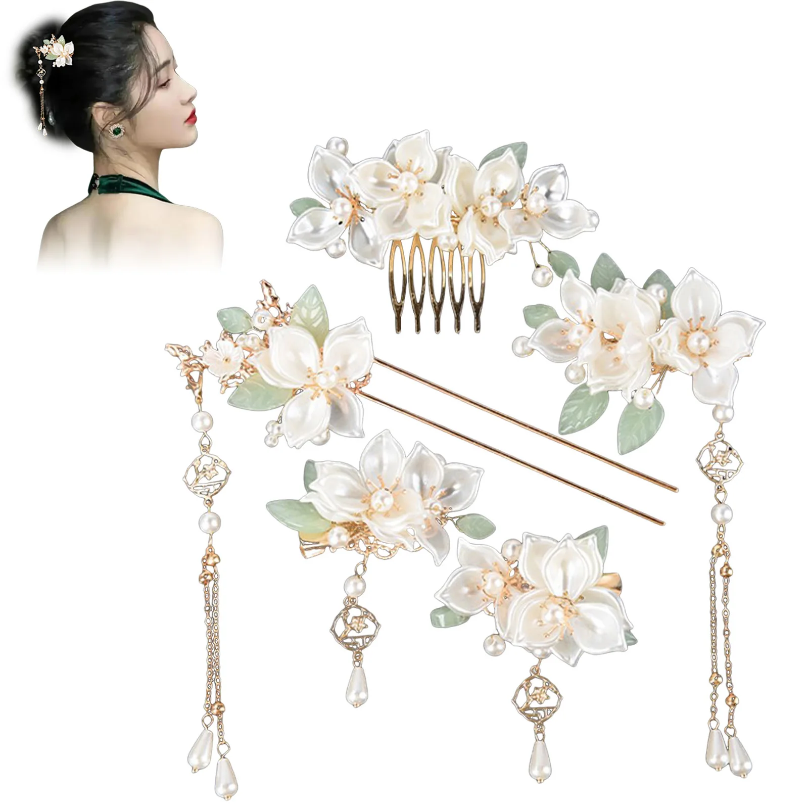 Hafu Passendes Haar-Essstäbchen-Set, Perlen-Blumen-Haarstab, Hanfu-Haarstäbchen mit langer Quaste zum Paaren mit Kleidung im Hanfu-Stil – Detail 7