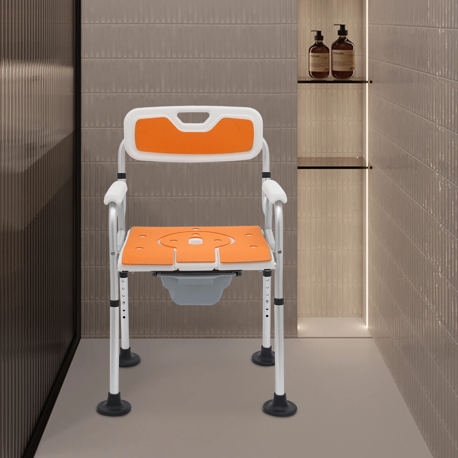 Stehender höhenverstellbarer Duschstuhl für Senioren, Nachttisch-Toilettenstuhl mit Armlehnen und Rückenlehne, Toiletten- und Duschstühle – Detail 8