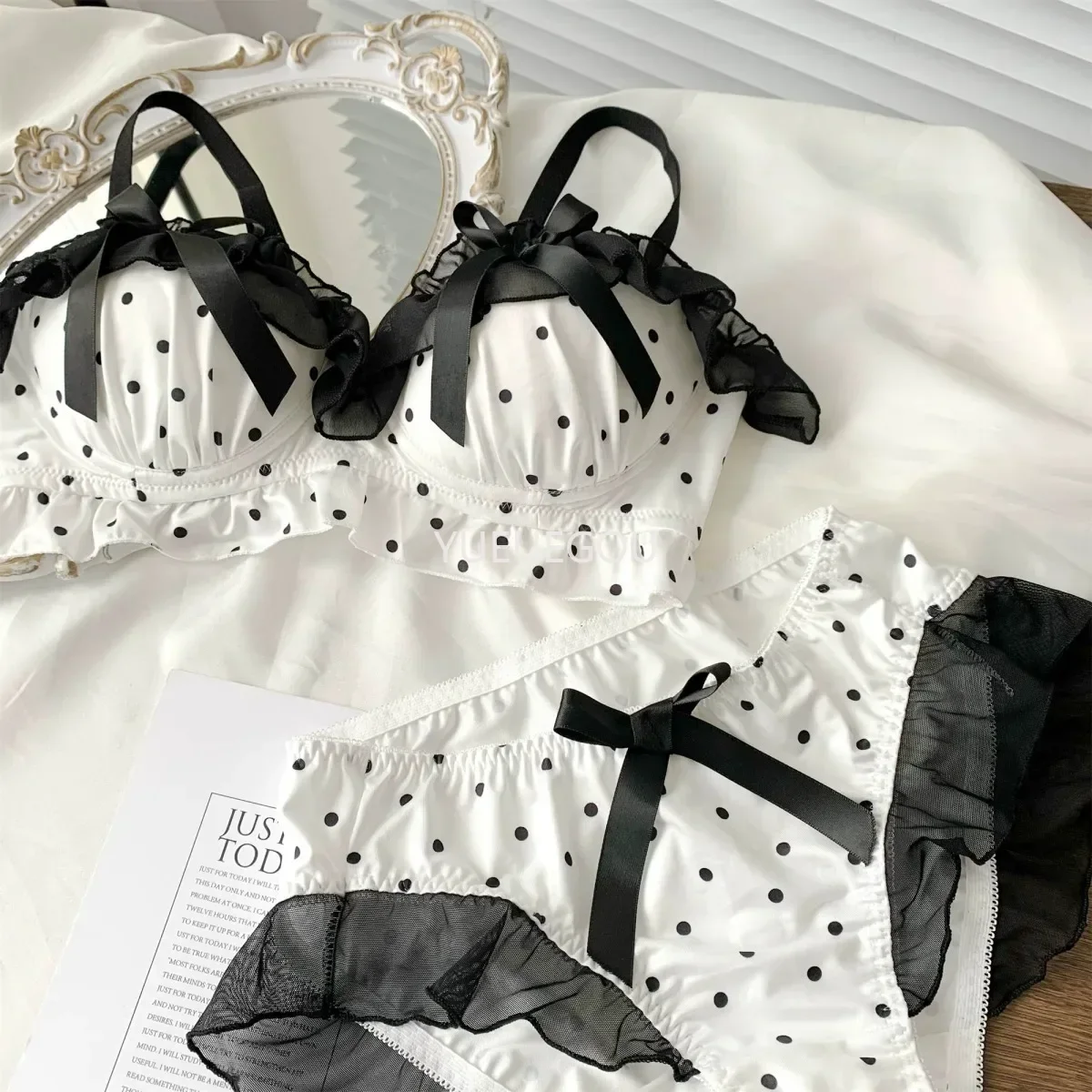 Süßes Polka Dot Spitzen Bh Und Slip Set Push Up Für Damen_voghion.com
