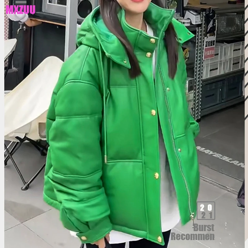 

Down Jacket for Winter 2023 Women Real Sheepskin Casual Removable Hat Button Zipper Oversize Short Goose Down Parka Pluma Mujer