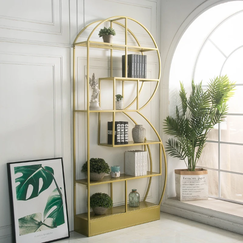 

Nordic Style Floor Bookshelf Creative Artistic Living Room Iron Shelf Metal Partition Curio Cabinet Ins Display Stand