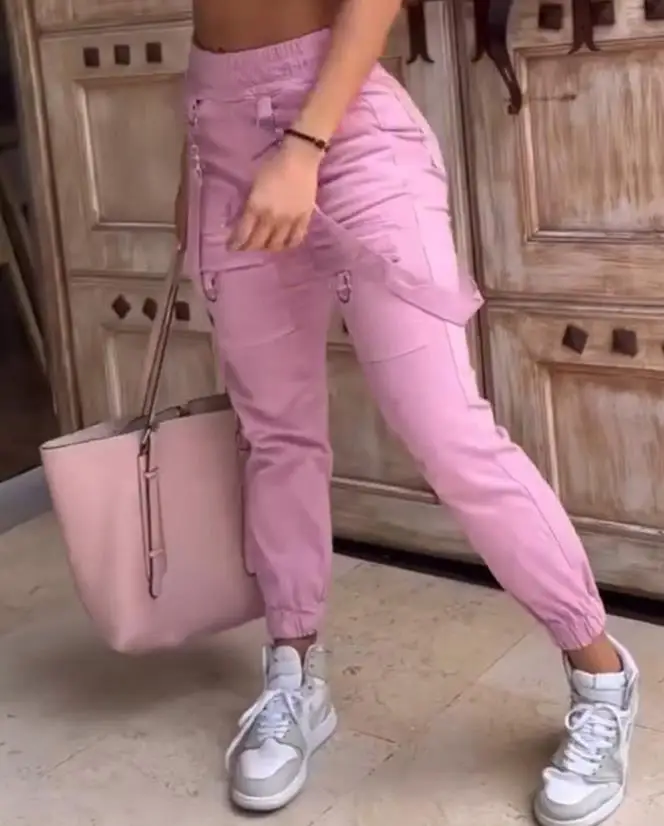 Women's American Style Pants 2024 Retro Multi Pocket Slimming Pocket Design with Flipped Suspender Pants for Street Wear