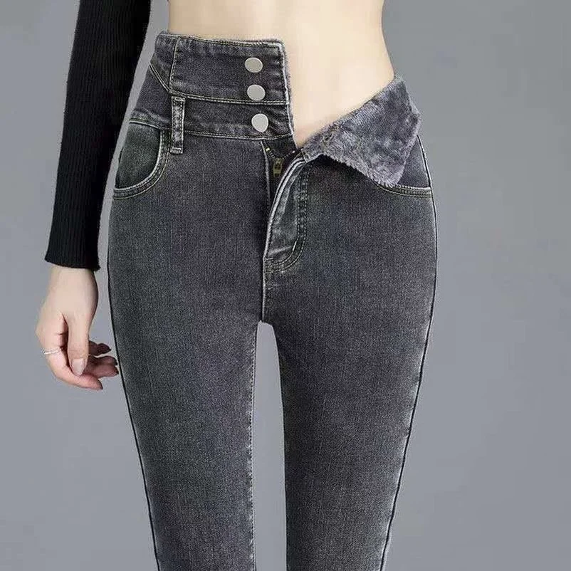

Winter Thick Velvet Women Skinny Jeans High Waist Simple Fleece Warm Slim Fit Stretch Ladies Casual Denim Pencil Pants Mokijins