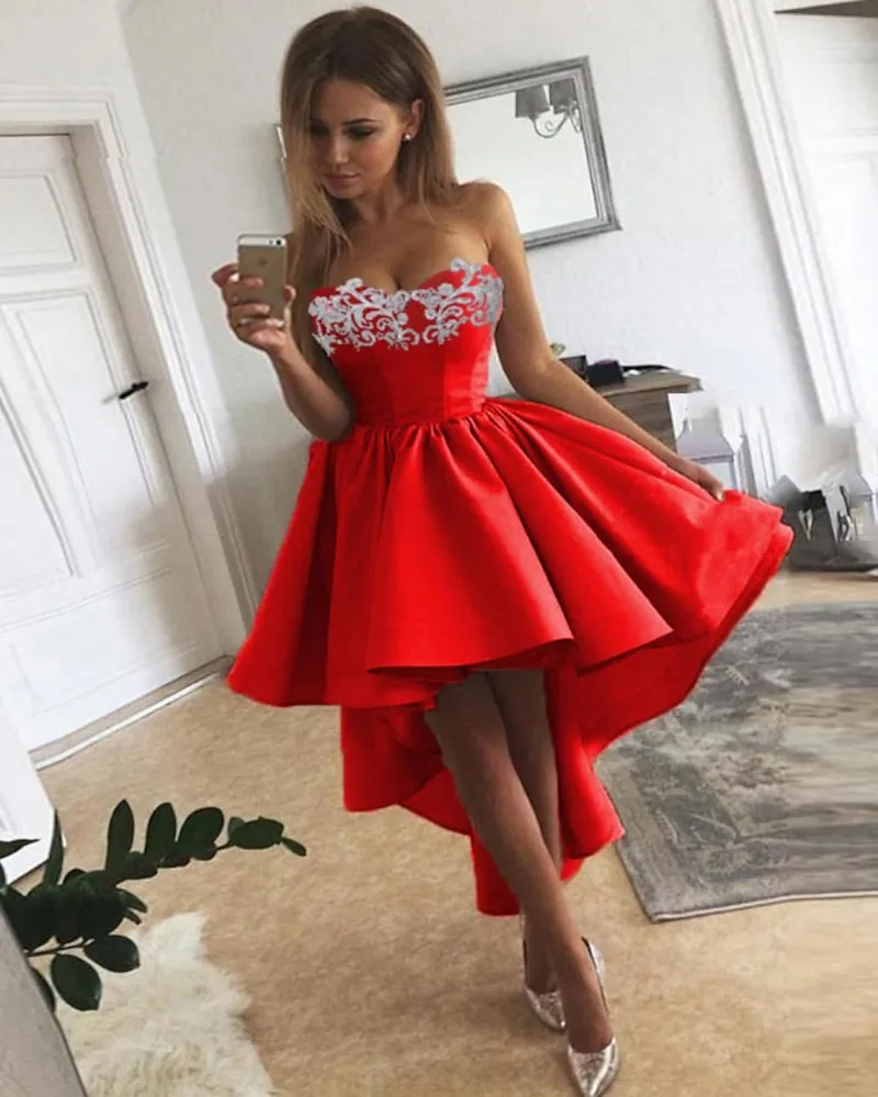 

Ruby Red Short Cocktail Party Dresses 2023 Sweetheart Lace High Low Satin Homecoming Holiday Birthday Gowns Robe De Soiree