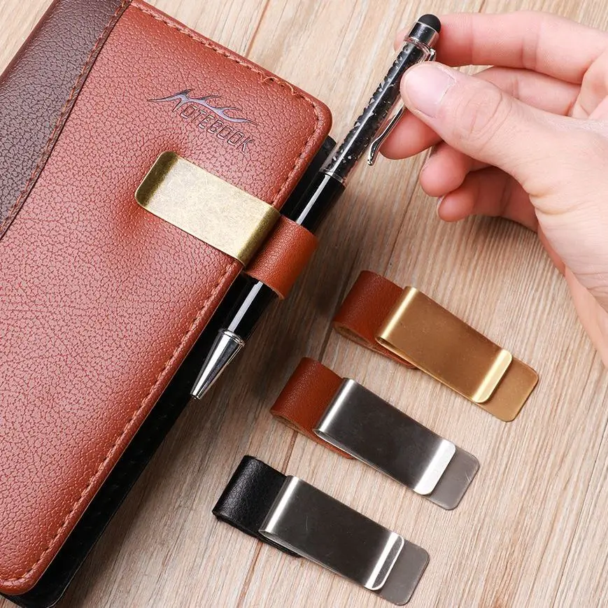 Memo Holders 1PC Vintage Metal Leather Pen Holder Brass Pencil Clip Notebook Loose Leaf Memo Bookmarks Paper Folder School Office Supplies