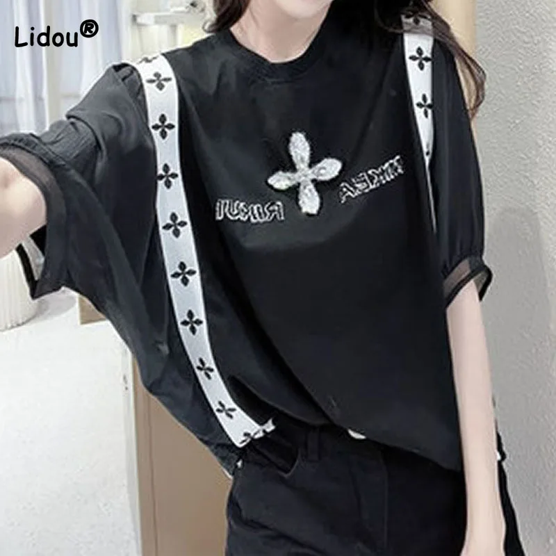 

Fashionable Loose Printing Patchwork T-shirt Female Summer Women's Clothing Casual Trend Half Sleeve Round Neck Pullovers Tops
