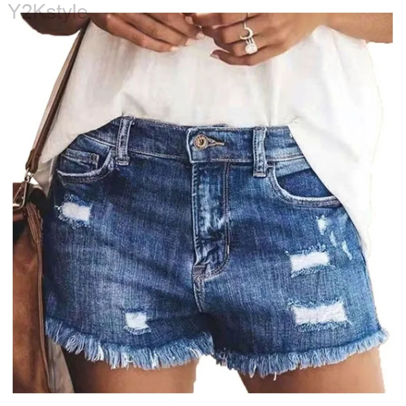 2023 Denim Shorts Women's High Waist Shorts Ripped Hole Washed Fur Lined Leg Openings Sexy Short Jeans